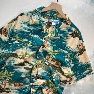 VTG UTILITY Hawaiian Surf Shirt Button-Up Men Green Tropical 100 Rayon 90s Korea